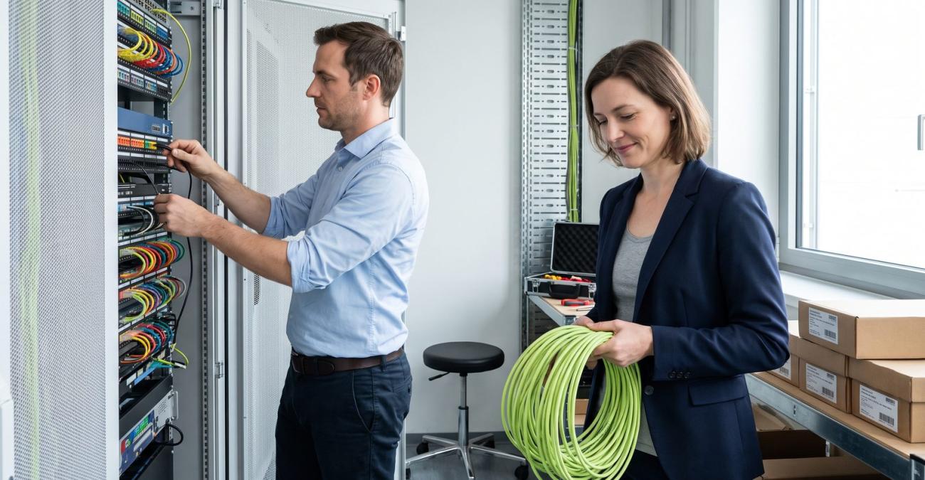 Ein Mann zieht eine Leitung aus einem dicht belegten Patchfeld, eine Kollegin hält ein Bündel bereits entfernter Kabel. Sinnbild dafür, dass eine Stilllegung eine geprüfte Reihenfolge ist und keine einzelne Aktion.