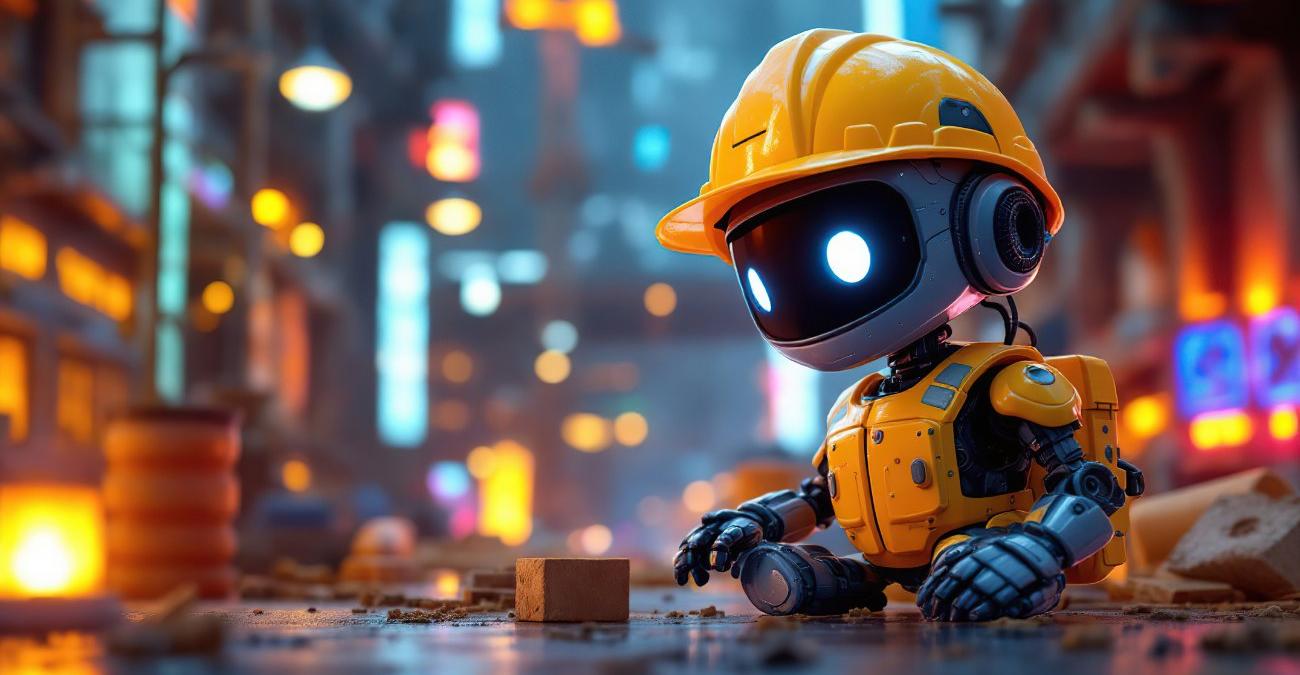 Kleiner Roboter-Arbeiter sitzt in einer futuristischen Kulisse zwischen Regalen und leuchtenden Datenströmen. Symbolbild für die im Hintergrund laufende Anwendungshärtung, die digitale Infrastrukturen vor Angriffen schützt.