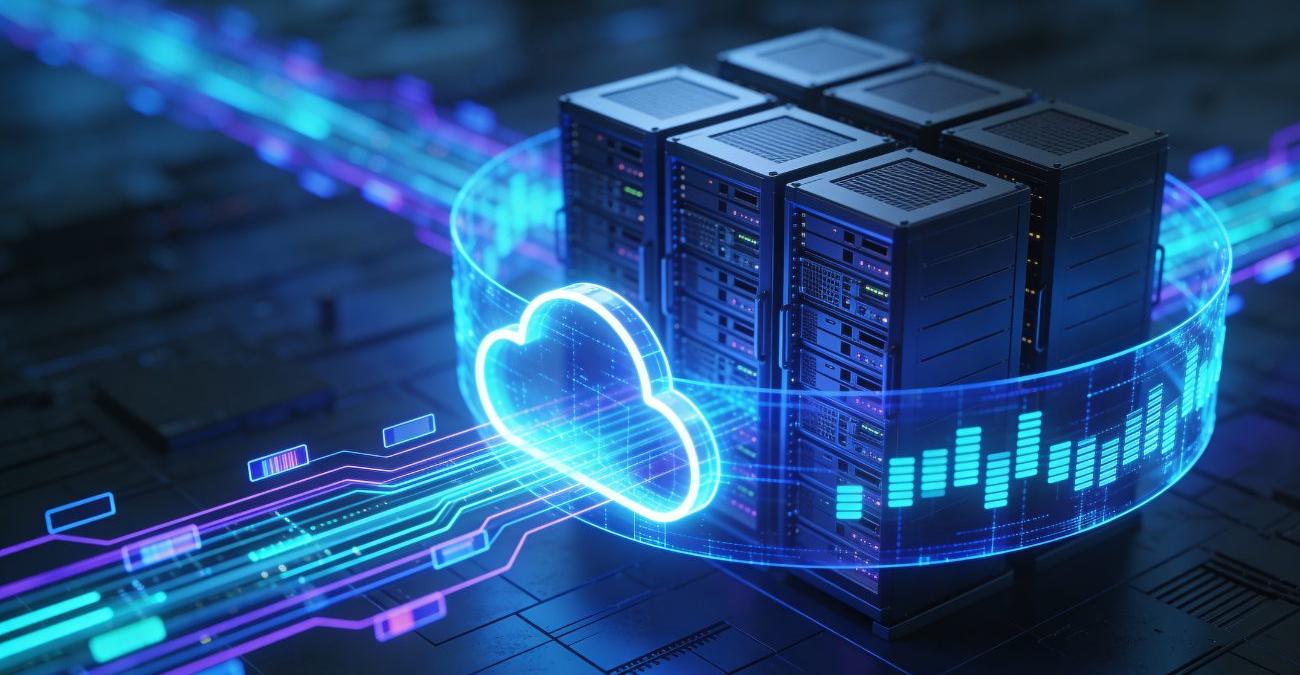 Ein moderner, heller Serverraum mit blauen LED-Akzenten. Vor den Servern schwebt eine flouriszierende Wolke. Die Serverschräänke werden von einem Band aus gleißendem Licht umschlossen. Ein Symbolbild für API-Sicherheit.