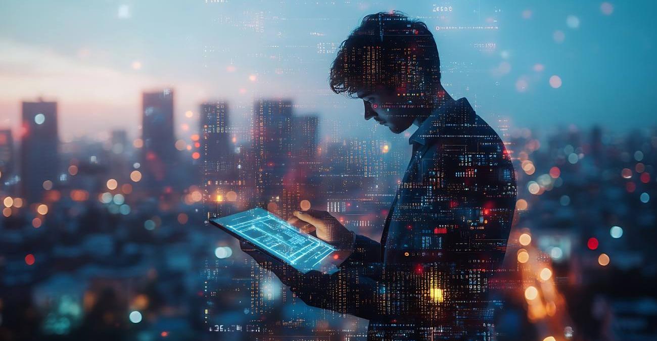 Ein stilisiertes Bild. Ein junger Mann im Anzug steht mit seinem Tablet vor der Pipeline einer Stadt. Er informiert sich über App-Entwicklung. Der Hintergrund wird überblendet mit Ansichten einer PC-Oberfläche.