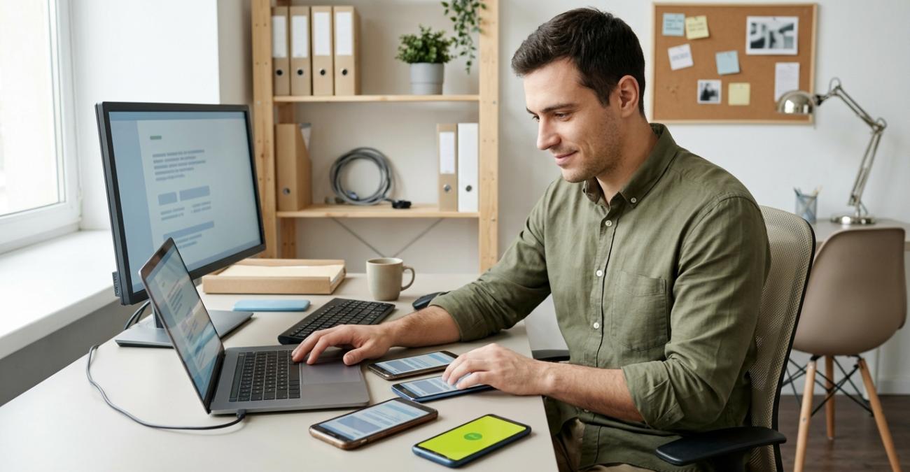Ein Mann Ende zwanzig sitzt in einem hellen Büro an seinem Schreibtisch und arbeitet an Monitor und Laptop. Vor ihm liegen mehrere Smartphones in unterschiedlichen Größen, auf den meisten läuft dieselbe Ansicht, eines leuchtet gelbgrün. Ein Symbolbild dafür, dass App-Wartung und Support jede Geräteklasse und jede Plattform einzeln betrifft.