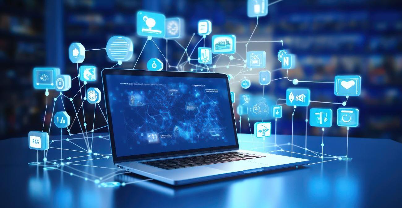 Ein stilisiertes Bild vor blauem Hintergrund: Ein Notebook, um das herum viele App-Symbole schweben. Ein Symbolbild für modernes Application Management.