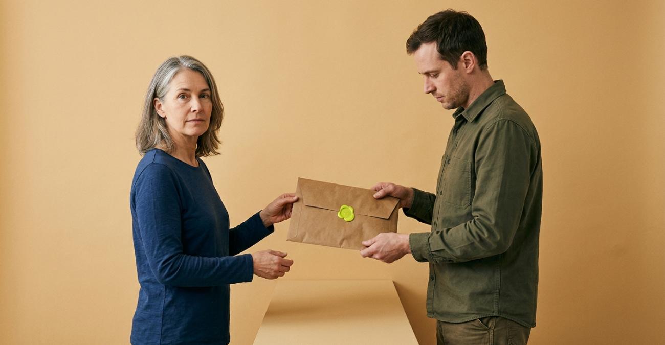 Eine Frau reicht einem Mann ein Kuvert mit unversehrtem gelbgrünem Siegel. Sinnbild für die Auftragsverarbeitung beim IT-Dienstleister, die mit dem möglichen Zugriff beginnt.