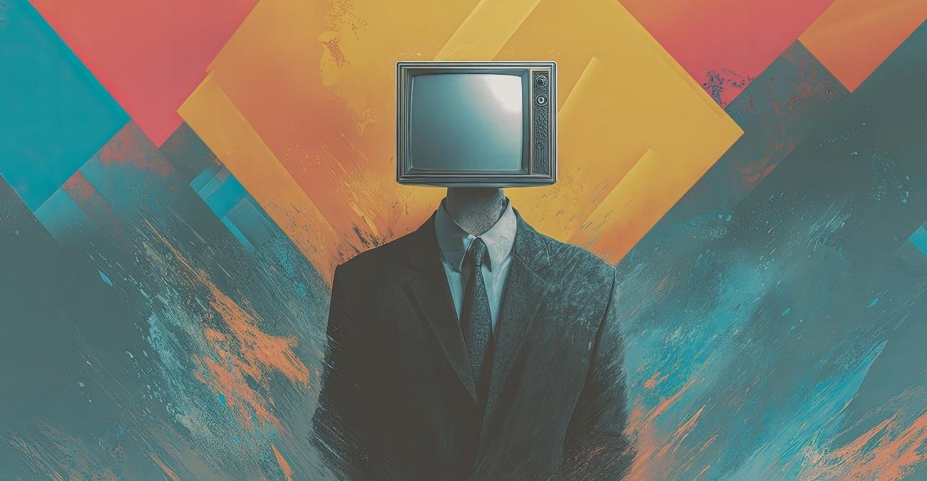 Eine Person im Anzug, deren Kopf ein Retro-Fernseher ist, steht vor einem abstrakten, bunten Hintergrund – ein sinnbildliches Motiv für Backup Monitoring und den wachsamen Blick auf jede Datensicherung.