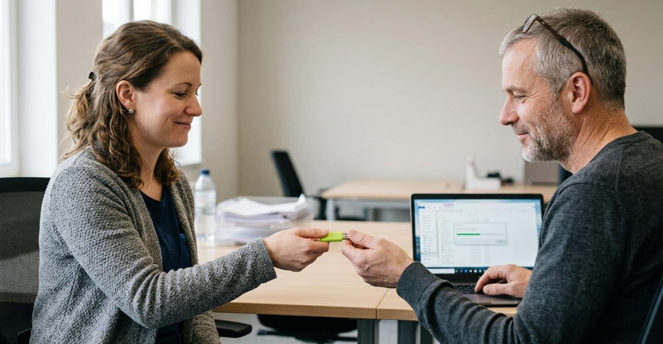 Eine Frau reicht einem Kollegen am Schreibtisch einen gelbgrünen USB-Schlüssel, während auf seinem Laptop eine Wiederherstellung läuft. Sinnbild für Backup-Verschlüsselung mit getrennt aufbewahrtem Schlüssel.