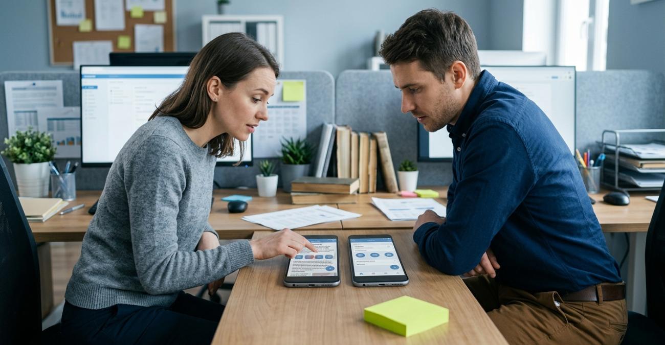 Zwei Kollegen sitzen sich an einem Schreibtisch in einem belebten Büro gegenüber und vergleichen zwei baugleiche Smartphones, auf denen dieselbe Anwendung unterschiedlich dargestellt ist: links drängen sich Textblöcke und Bedienelemente, rechts sitzt das Layout luftig. Sinnbild für eine barrierefreie App, deren Bedienbarkeit sich mit dem Betriebssystem verschiebt, ohne dass am Code etwas geändert wurde.