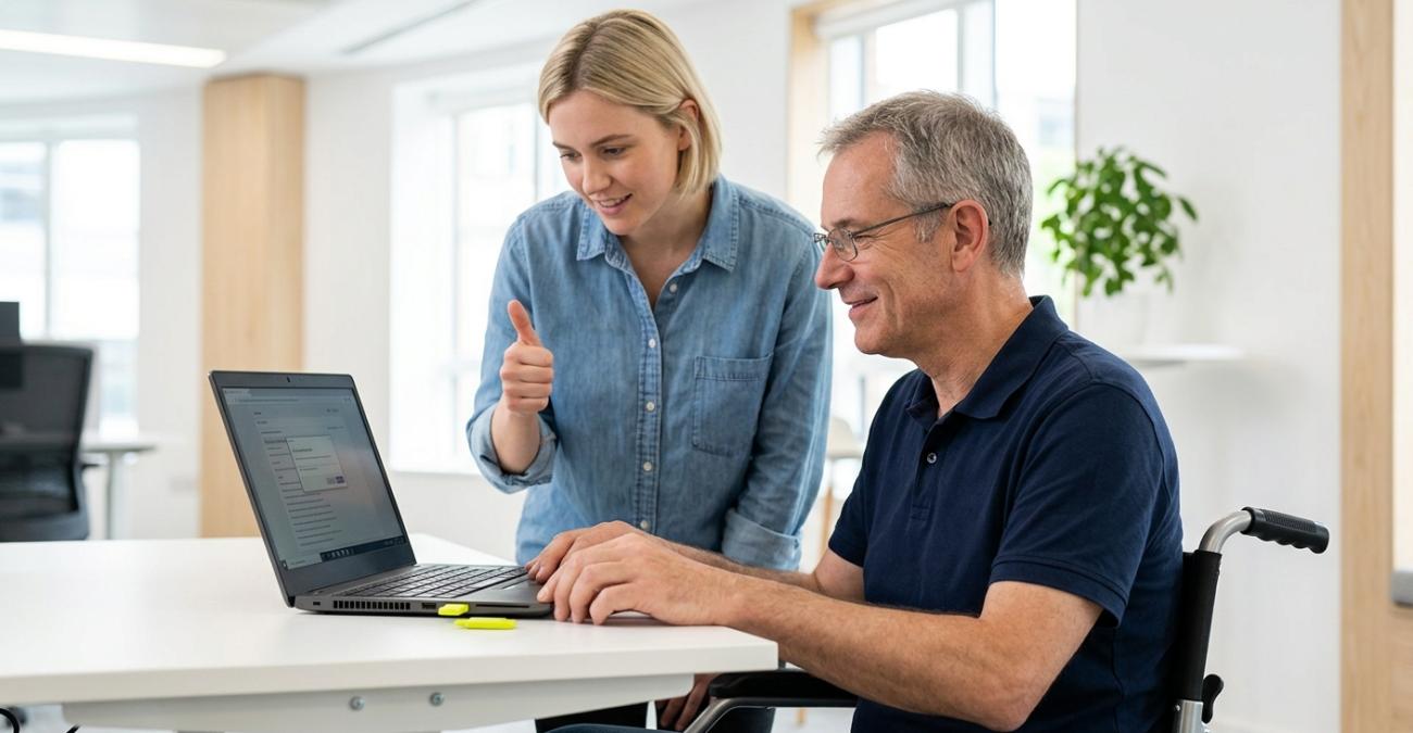 Ein Mann im Rollstuhl meldet sich am Laptop mit einem gelbgrünen Sicherheitsschlüssel an, eine Kollegin aus der IT zeigt daneben den Daumen nach oben. Sinnbild für barrierefreie Authentifizierung ohne Smartphone und ohne abgetippten Code.