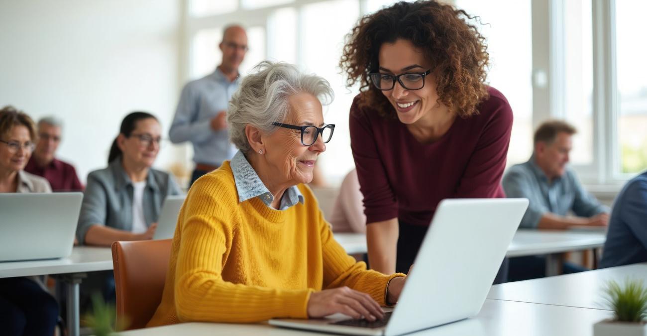 Eine älte Frau nimmt Nachhilfe in Sachen PC-Nutzung. Eine junge Lehrerin weist sie am Notebook ein. So lernt sie die Funktionen von barrierefreier Software.
