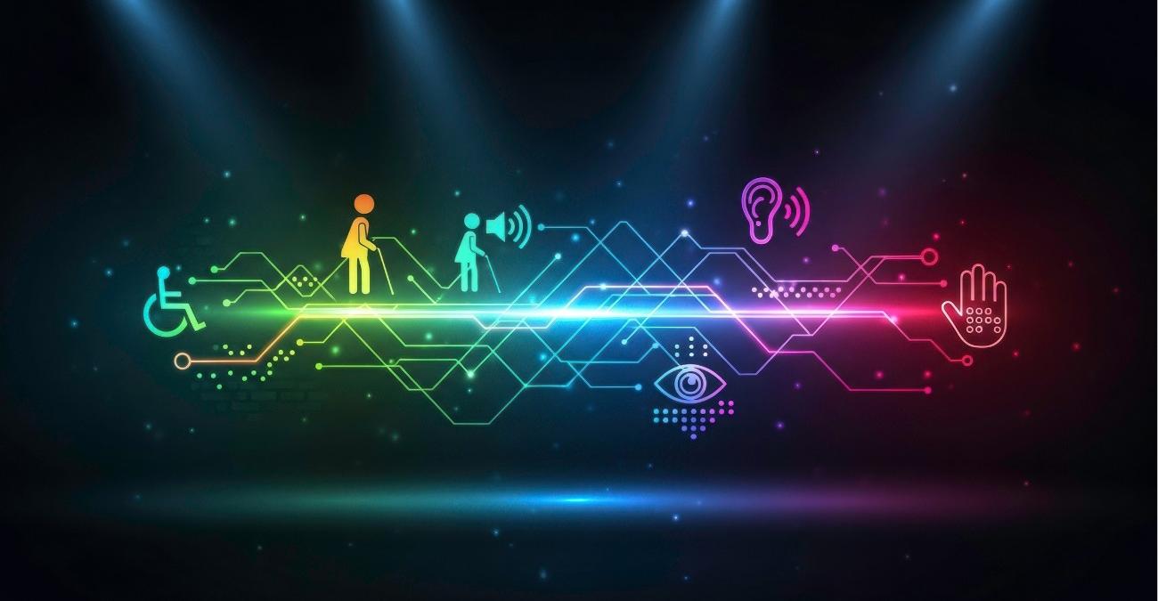 Auf schwarzem Hintergrund sehen wir miteinander verflochten: Mehrere digitale Symbole für Barrierefreiheit. Beispielsweise ein Auge und ein Rollstuhlsymbol und weitere Symbole für das Barrierefreiheitsgesetz.