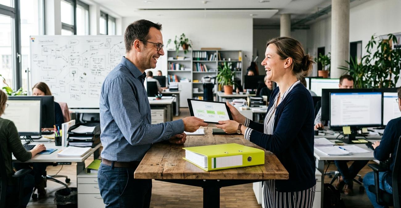 Ein Mann und eine Frau reichen sich an einem Stehtisch in einem Großraumbüro einer Verwaltung lachend ein Tablet mit einem Organigramm, daneben liegt ein gelbgrüner Ordner. Sinnbild für eine Benutzerverwaltung, in der jedes Amt die eigenen Konten führt.