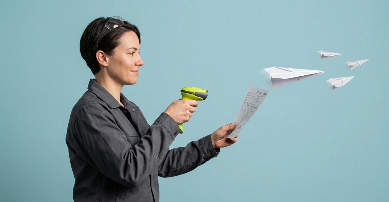 Eine Facharbeiterin scannt einen Laufzettel mit einem gelbgrünen Handscanner, der Zettel faltet sich zum Papierflieger und fliegt davon. Sinnbild für Betriebsdatenerfassung, die Meldungen sofort weitergibt.