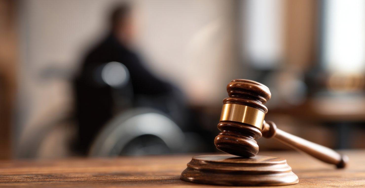 Ein großer Tisch. Darauf liegt der hölzerne Hammer eines Richters. Im Hintergrund ist schemenhaft eine Person im Rollstuhl zu erkennen. Ein Symbolbild für die Umsetzung des Barrierefreiheitsstärkungsgesetzes oder auch BFSG.