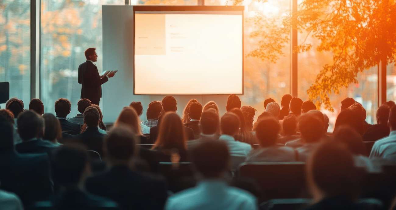 Studenten sitzen im Hörsaal. Der Dozent demonstriert etwas durch eine große Projektion. Dazu nutzt er Branchensoftware für das Bildungswesen.