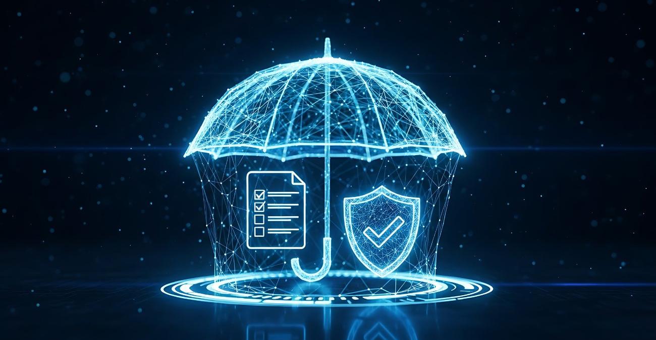 Digitale Illustration eines Regenschirms, der eine Checkliste und ein Schild gemeinsam abschirmt. Sinnbild für die schützende Funktion einer CI/CD-Checkliste, die Pipeline-Sicherheit und Auslieferungs-Disziplin im Unternehmen verbindet.