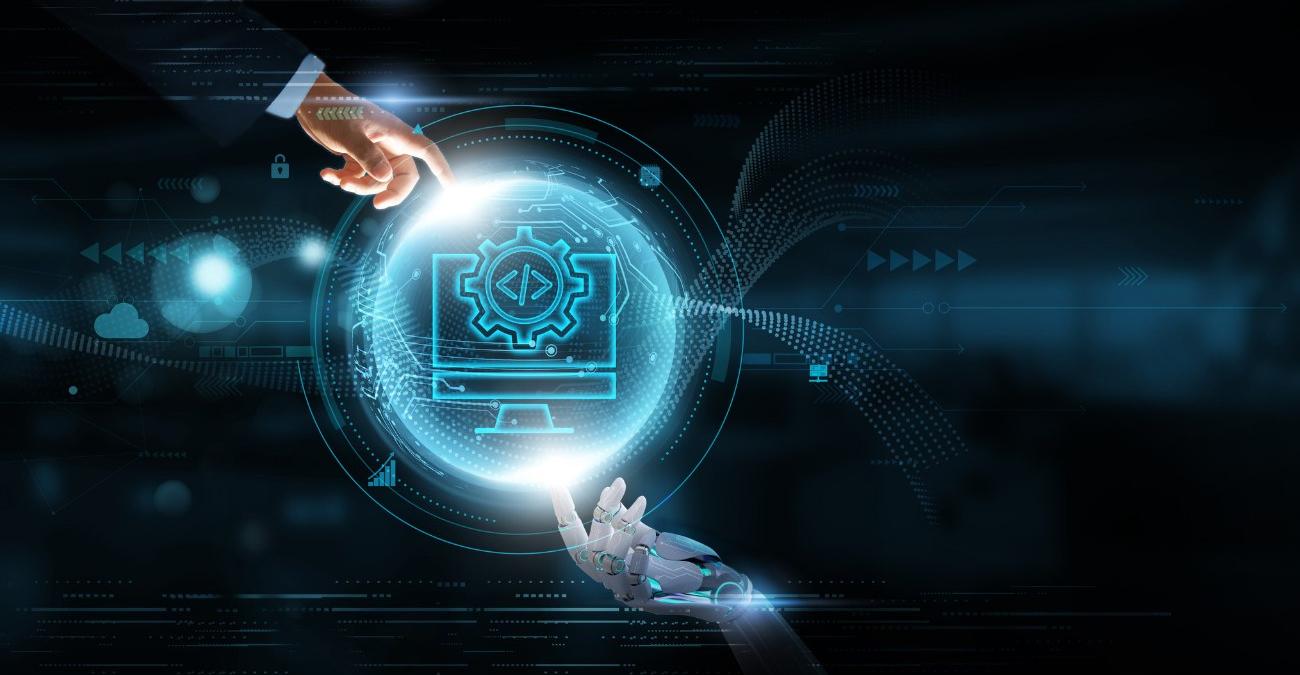 Ein Fantasiebild: Dunkel, im Hintergrund Symbole aus der Softwareentwicklung. Im Vordergrund eine Menschenhand und eine KI-Hand. Dazwischen ein fluoriszierender Bildschirm. Ein Symbolbild für Continuous Delivery in der Softwareentwicklung.