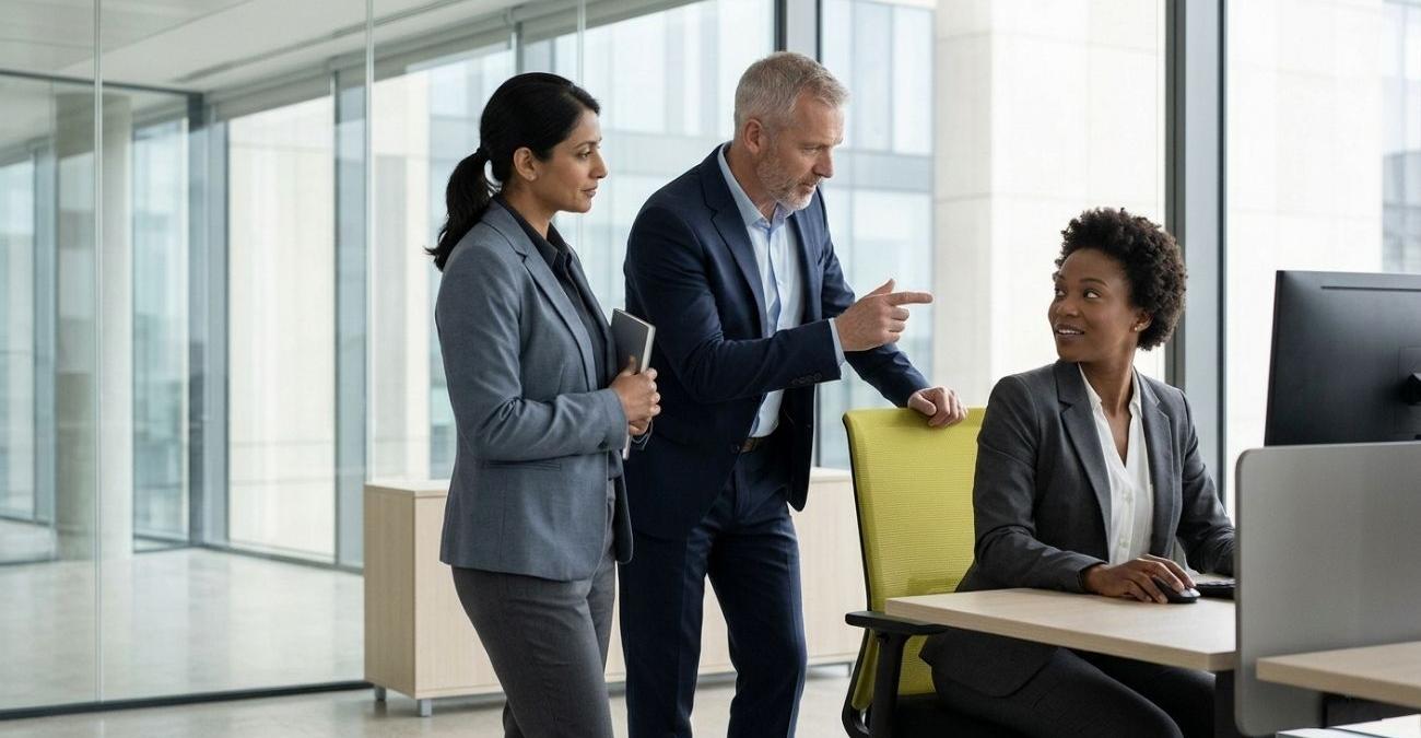 Drei Personen in Businesskleidung arbeiten vor einer Glasfront gemeinsam an einem Bildschirm, eine zeigt auf den Monitor, Sinnbild für die Arbeit mit einem CRM für Finanzdienstleister.
