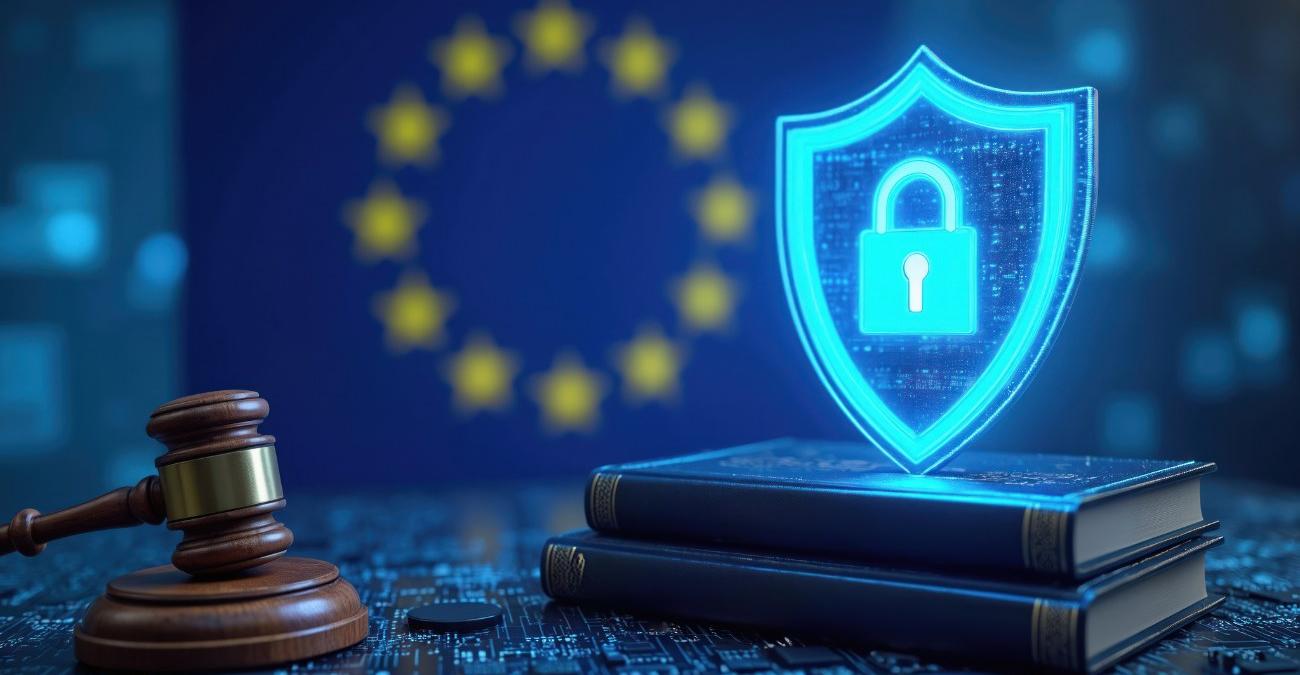 Im Hintergrund die EU-Flagge. Im Vordergrund eine große Schaltplatine. Auf ihr ruht ein Richterhammer. Auf Gesetzesbüchern thront ein Symbol für Cyberresilienz
