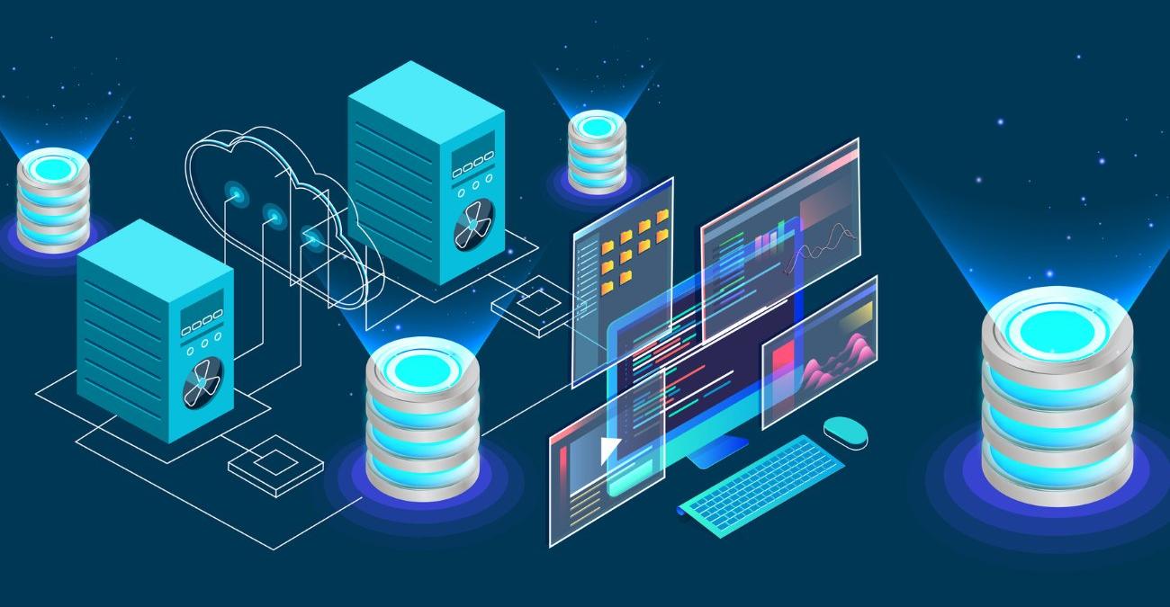 Isometrische Illustration mehrerer leuchtender Datenbank-Symbole, die über Verbindungslinien mit zwei Servern, einer Cloud und einem Bildschirm mit Code und Diagrammen verknüpft sind – symbolische Darstellung einer Datenbank-Middleware, die als Vermittlungsschicht Anwendungen und verschiedene Datenbanken verbindet