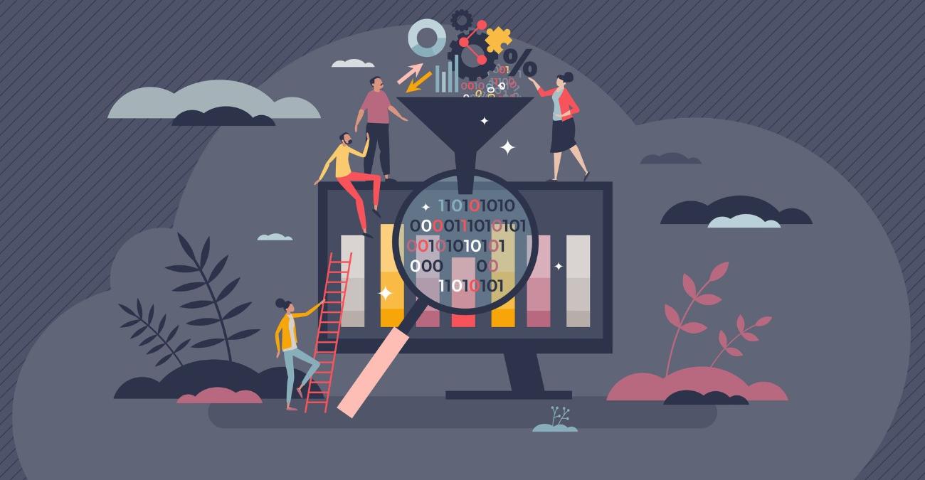 Illustration zur Datenbankkonsolidierung: Mehrere kleine Personen sortieren und filteren Geschäftsdaten durch einen Trichter, während Dateien effizient zusammengeführt und optimiert werden