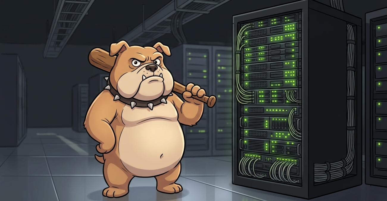 Dicker Zeichentrick-Wachhund mit Stachelhalsband und Holzkeule bewacht einen Serverschrank im Rechenzentrum: Bewachen schützt den Server, beweist aber nicht, dass sich die Datenbank zurückspielen lässt