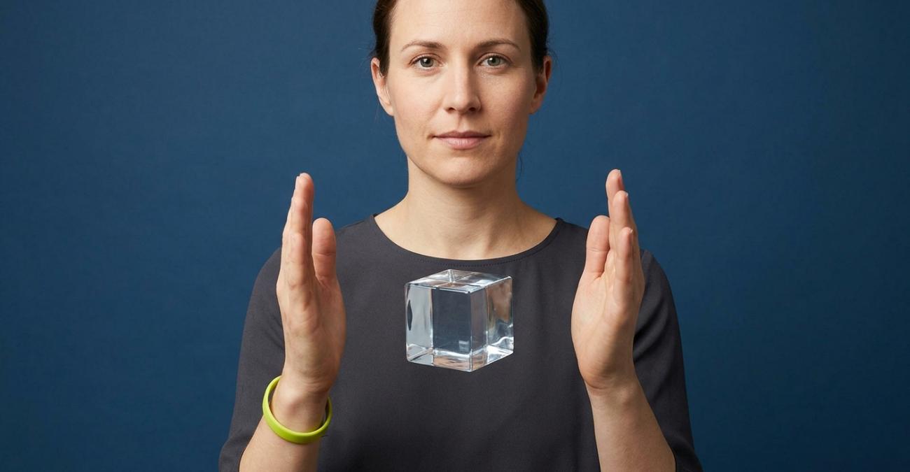 Datenhoheit: der WĂŒrfel, der kein GefÀà braucht Eine Frau hĂ€lt die HĂ€nde offen um einen klaren WĂŒrfel, der frei zwischen ihnen schwebt. Sinnbild fĂŒr Datenhoheit ohne fremdes GefĂ€Ă.
