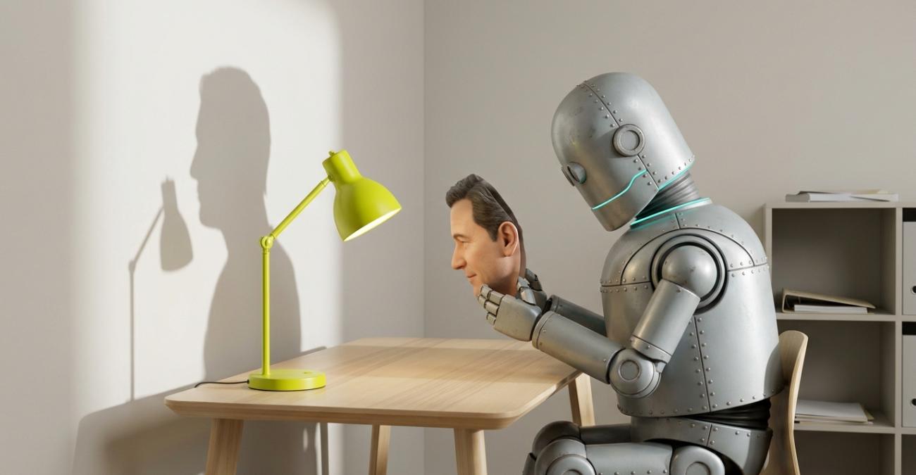 Ein altmodischer Blechroboter sitzt an einem Holztisch und hält eine realistische Gesichtsmaske, sein Schatten an der Wand zeigt ein menschliches Profil. Sinnbild für Datenmaskierung mit glaubwürdigen Ersatzwerten.