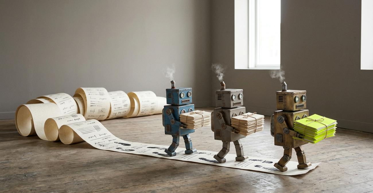 Drei kleine Roboter im Steampunk-Stil tragen Aktenbündel durch einen hellen Raum, hinter ihnen wächst aus ihren Fußabdrücken eine lange Papierrolle voller Einträge. Ein Sinnbild dafür, dass jede Übernahme personenbezogener Daten ihren eigenen Nachweis hinterlassen muss.