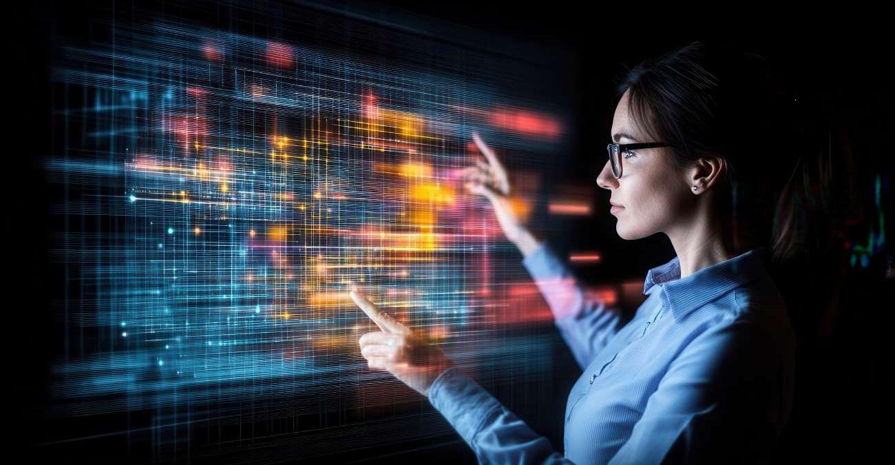Eine Businessfrau steht vor einem Bildschirm. Die Inhalte des Bildschirms flirren. Die Datenmigration geschieht so schnell, dass das Auge nicht folgen kann.