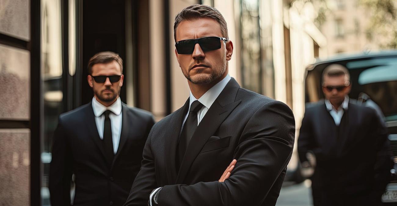 Drei Bodyguards in dunklen Anzügen. Sie stehen auf der Strasse und tragen Sonnenbrillen. Sie sorgen radikal für Datensicherheit.