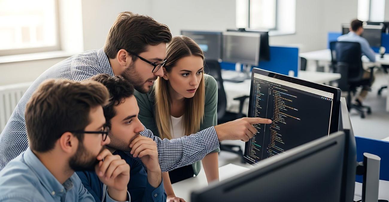 Ein Team erfahrener Entwickler arbeitet in einem modernen Büro konzentriert an leuchtenden Bildschirmen und entwickelt Software auf Basis von Docker Containern.