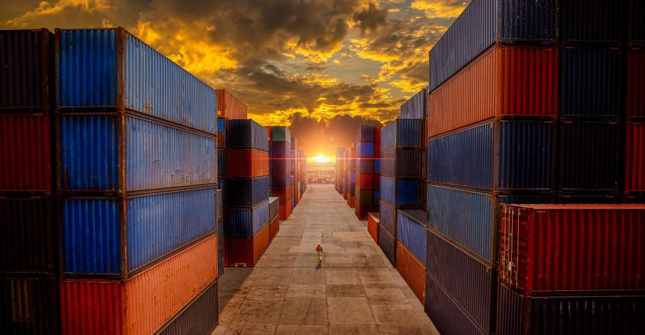 Ein Hafenarbeiter prüft im Containerlager beladene Frachtcontainer vor sonnigem Himmel. Ein Sinnbild für das kontrollierte Ausliefern und Rollout containerisierter Software beim Docker Deployment.