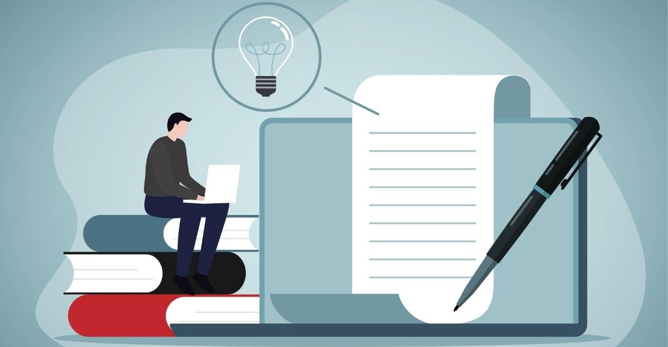 Eine rudimentäre Grafik: Ein Mann recherchiert am Computer im Internet, umgeben von Unterlagen und Datenanalysen. Er arbeitet an einem Management-Bericht, dessen Daten mit einer Datenbank verknüpft sind – ein Sinnbild für DSGVO-konforme Datenspeicherung in der öffentlichen Verwaltung.