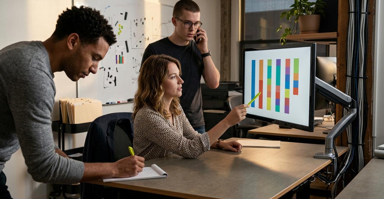 Drei Personen in einem detailreichen Büro an einem Schreibtisch mit Monitor am Schwenkarm: eine sitzende Frau zeigt mit einem gelbgrünen Stift auf den Bildschirm, auf dem mehrere farbige Balkenspalten nebeneinander verlaufen. Links beugt sich ein Mann herüber und notiert mitschreibend, dahinter telefoniert ein Mann mit Brille und sieht auf denselben Monitor. Sinnbild dafür, dass beim E-Invoicing EU-weit mehrere Länderwege gleichzeitig beobachtet werden müssen.