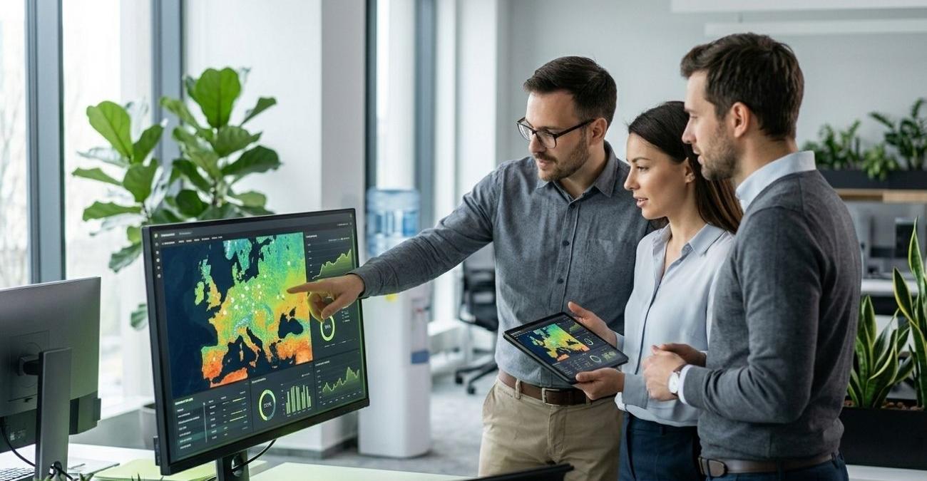 Eine Bodenstation mit Parabolantenne im Vordergrund, im Hintergrund ein Serverraum - Sinnbild fuer die Trennung zwischen flugkritischer Raumfahrtsoftware nach ECSS und bodengebundener Software nach ISO 27001 und BSI-Grundschutz.