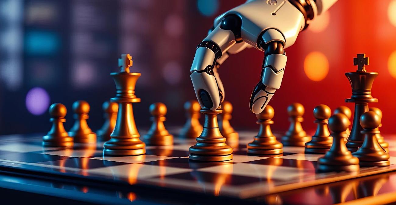 Eine bunte, KI-generierte Grafik: Ein Roboterarm bewegt Schachfiguren über ein Schachbrecht. Ein Symbolbild für die Einsatzplanung via Software.
