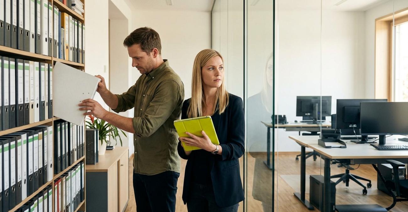Ein Mann zieht einen Ordner aus einem vollen Aktenregal, neben ihm hält eine Kollegin ein Tablet, hinter einer Glaswand setzt sich das Büro papierfrei fort. Sinnbild dafür, dass Enterprise Content Management dort ansetzt, wo Aufbewahrungspflichten das Papier halten.
