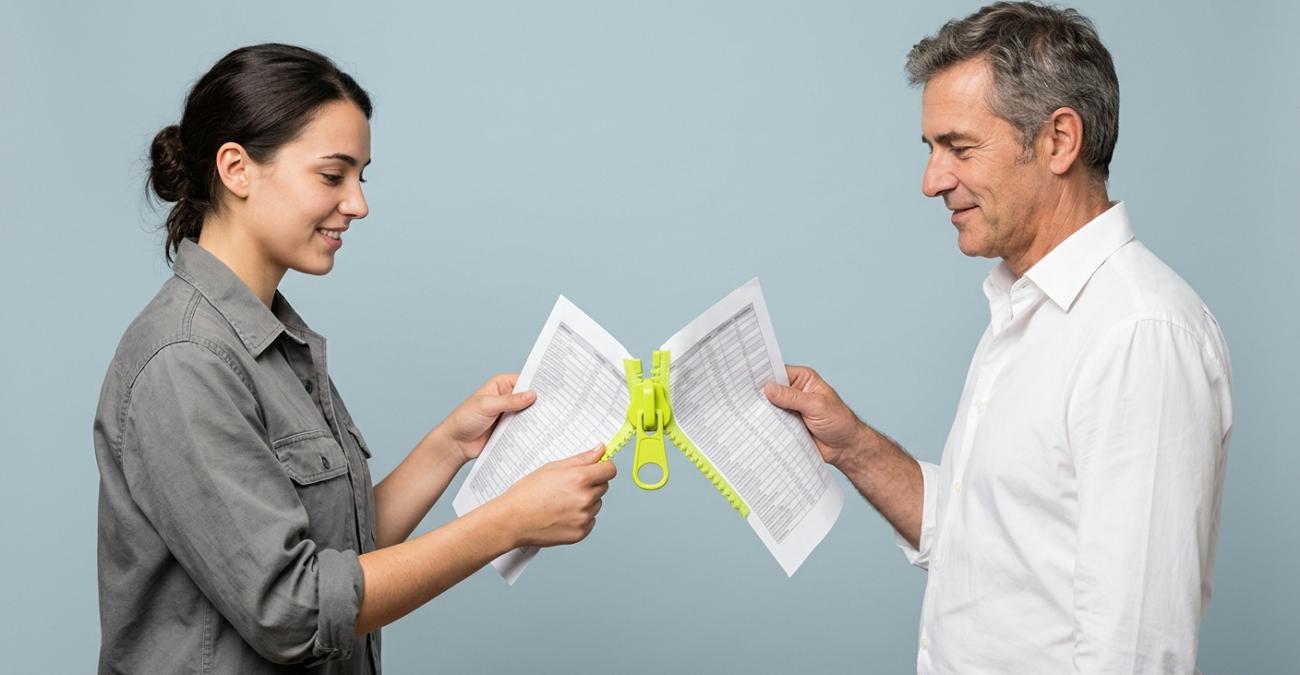 Eine Instandhalterin in grauem Arbeitshemd und ein Mann im weißen Hemd halten je eine Liste, die ein gelbgrüner Reißverschluss zu einem Blatt verbindet. Sinnbild für ERP-Instandhaltung, bei der Werkstatt und ERP dieselben Daten führen.