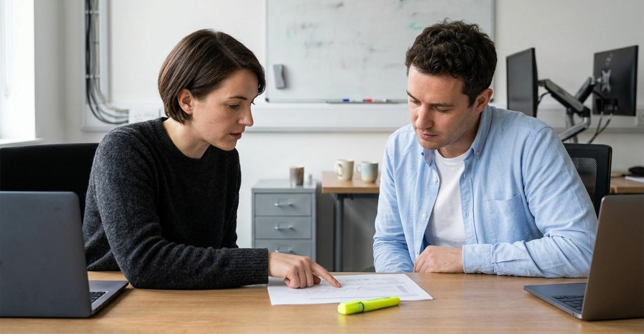 Zwei Personen sitzen an einem Schreibtisch und sehen gemeinsam auf ein einzelnes ausgedrucktes Blatt, eine Hand zieht darauf eine Zeile nach, die Notebooks liegen weggeschoben an den Tischkanten. Sinnbild für das Exit-Management, in dem beide Seiten an einem gemeinsamen Übergabeplan arbeiten statt an getrennten Listen.