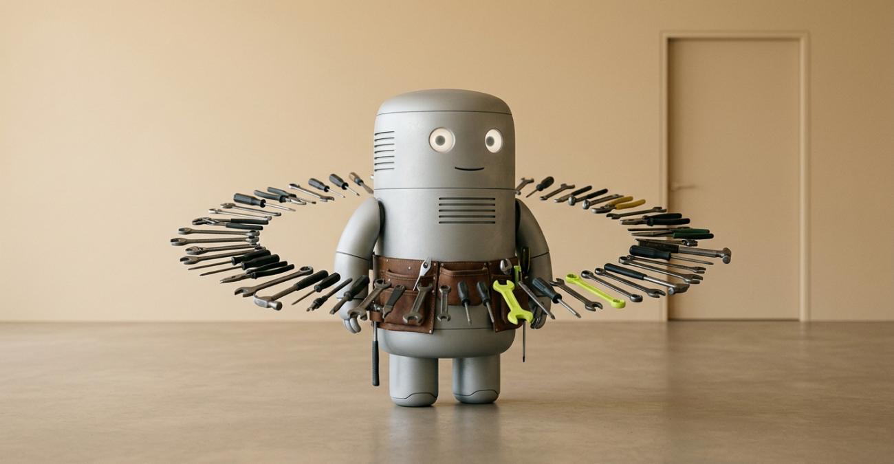Ein kleiner grauer Roboter mit lederner Werkzeugtasche steht in einem leeren Raum, um ihn herum schwebt ein Ring aus Schraubendrehern, Zangen und Schraubenschlüsseln, zwei davon gelbgrün. Sinnbild für den First Level Support, der die häufigen Fälle sofort selbst löst.