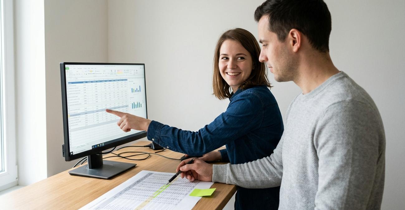 Eine junge Frau zeigt lächelnd auf eine Zeile in einer Tabelle am Bildschirm, ihr Kollege markiert mit dem Stift dieselbe Zeile auf einem Ausdruck. Sinnbild für Fördermittelmanagement-Software, die Förderfall und Buchung in Übereinstimmung hält.