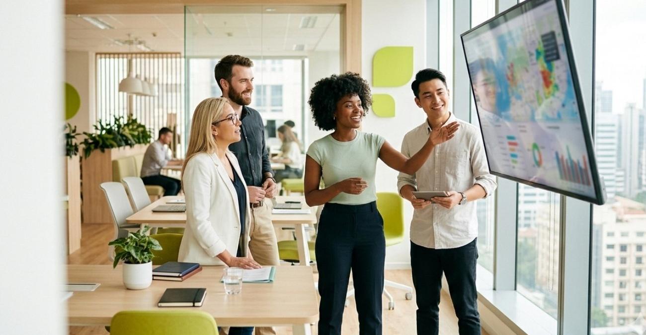 Ein Team aus mehreren Fachkräften bespricht gemeinsam ein Geodaten-Dashboard auf einem großen Monitor - Sinnbild dafür, Geodaten zu visualisieren und als verkaufsfähiges Produkt nutzbar zu machen.