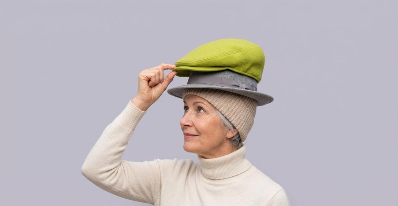 Eine ältere Frau mit silbernem Haar trägt eine Strickmütze, einen grauen Filzhut und obenauf eine gelbgrüne Schiebermütze übereinander und rückt die oberste zurecht, ein Sinnbild für das Großvater-Vater-Sohn-Prinzip, bei dem drei Sicherungsgenerationen gleichzeitig vorrätig sind.