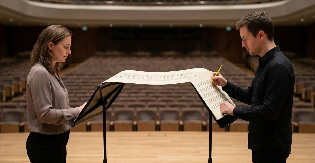 Zwei Musiker stehen auf einer leeren Bühne an getrennten Notenständern, über die ein einziges durchgehendes Notenblatt gespannt ist, während einer mit gelbgrünem Stift eine Note ändert. Sinnbild für den Schnittstellenvertrag, der bei gRPC vs REST beide Seiten zugleich bindet.