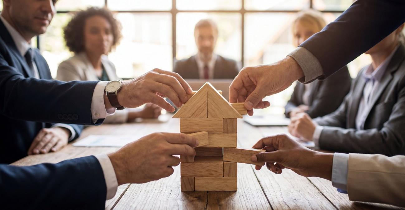 Mehrere Personen im Business Outfit sitzen um einen großen Holztisch. Die Gesichter sind nur unscharf im Hintergrund zu sehen. Im Vordergrund spielen sie Jenga mit einem Holzhaus aus Bausteinen. Ihre Hände sind scharf im Vordergrund zu sehen. Ein Symbolbild für Immobilienverwaltung via Software.