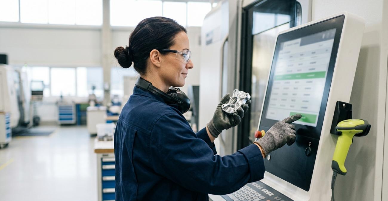 Eine Maschinenbedienerin mit Arbeitshandschuhen hält ein frisch gefrästes Metallteil und bestätigt den Auftrag auf dem Touchscreen des Terminals neben der Maschine, daneben hängt ein Handscanner. Sinnbild für Individualsoftware Produktion, die Rückmeldungen ohne Nachtragen direkt ins ERP bringt.