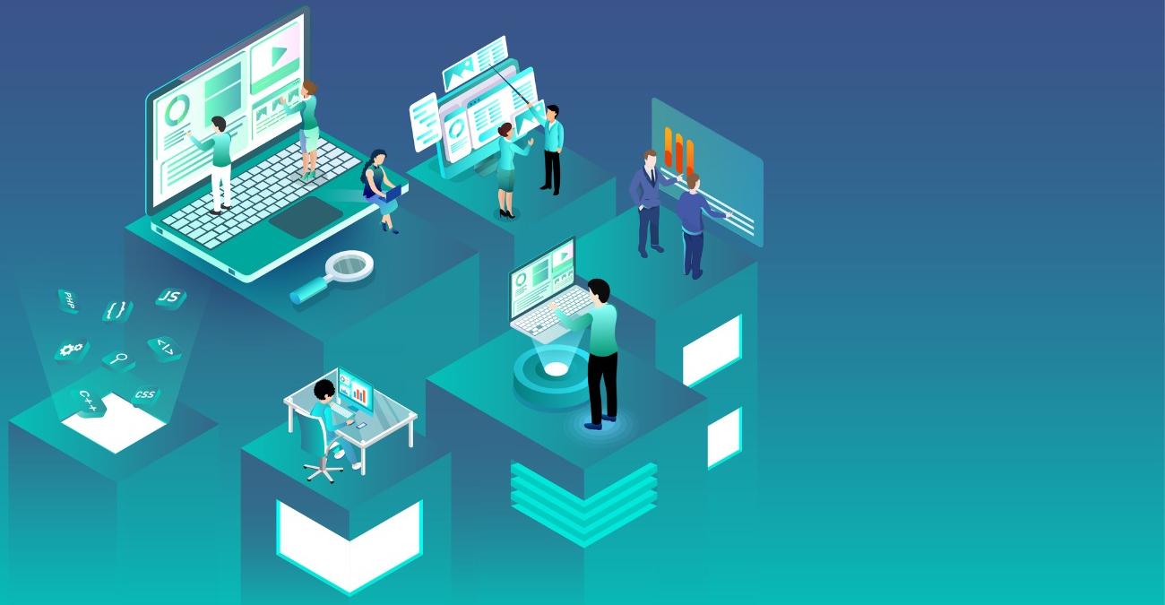 Isometrische Illustration verbundener Plattform-Ebenen mit Personen an Laptops, Dashboards, Diagrammen und schwebenden Programmiersprachen-Symbolen als Sinnbild für iPaaS, das verstreute Anwendungen und Datenquellen zu einer zentralen Integrationsplattform verbindet.