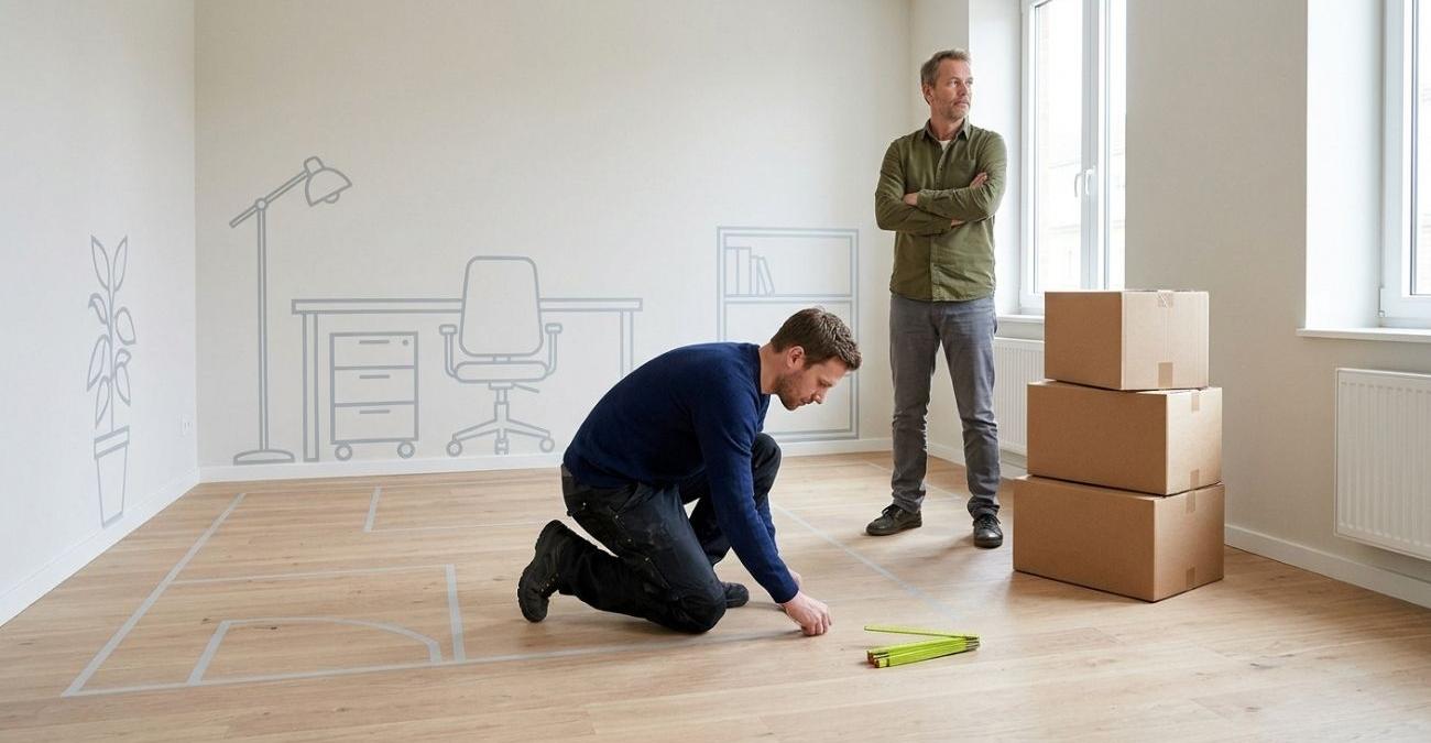 Zwei Personen in einem leeren Büroraum, auf dem Boden der vollständige Arbeitsplatz als Klebebandumriss, daneben ungeöffnete Lieferkartons. Sinnbild für ISO 27001 Asset Management, das mit der Beschaffung beginnt und nicht mit der Inbetriebnahme.
