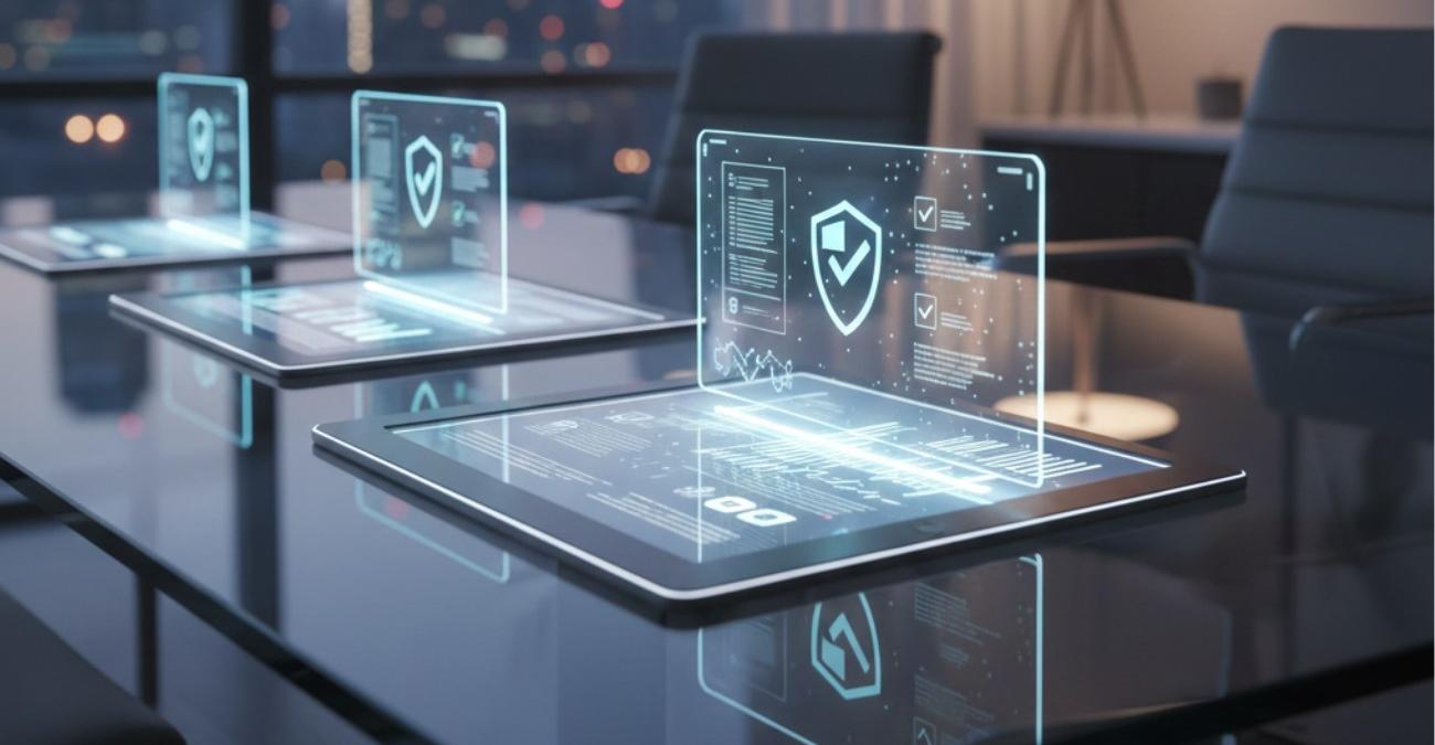 Eine moderne Büroumgebung. Stark fokussiert auf einen gläsernen Tisch. Darauf liegen digitale holografische Notebooks in einer Reihe. Im Hintergrund sieht man eine unscharfe Skyline. Ein Symbolbild für ISO-27001 Ausschreibungen.