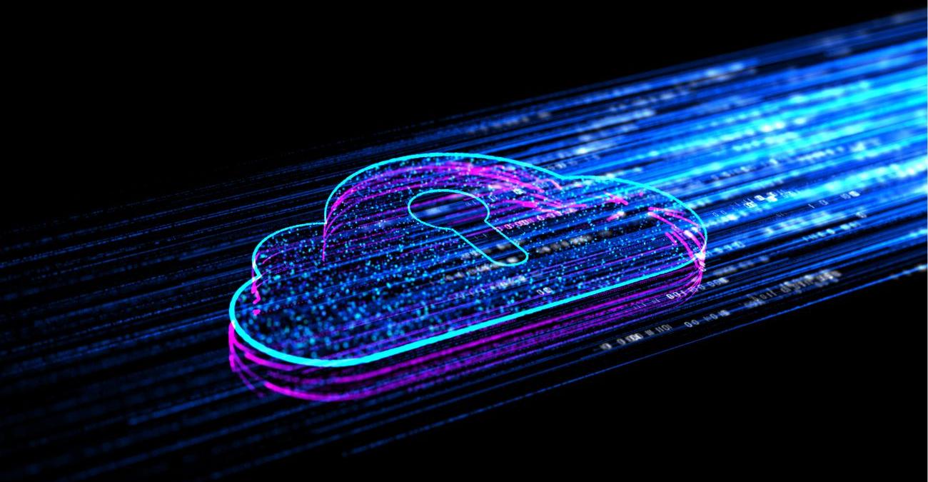 Abstrakte Visualisierung von Cloud Computing mit künstlicher Intelligenz, Big-Data-Vernetzung und Cybersecurity-Symbolik als Sinnbild für Informationssicherheit nach ISO 27001 in Cloud- und SaaS-Umgebungen.