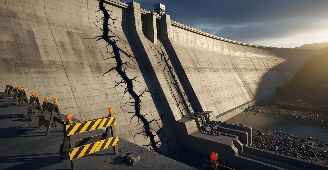 Riss in einer massiven Staumauer, davor gelb-schwarze Warnbaken mit Blinklichtern: ein Symbolbild für ISO 27001 Schwachstellenmanagement und den rechtzeitigen Umgang mit technischen Schwachstellen nach Annex A 8.8.